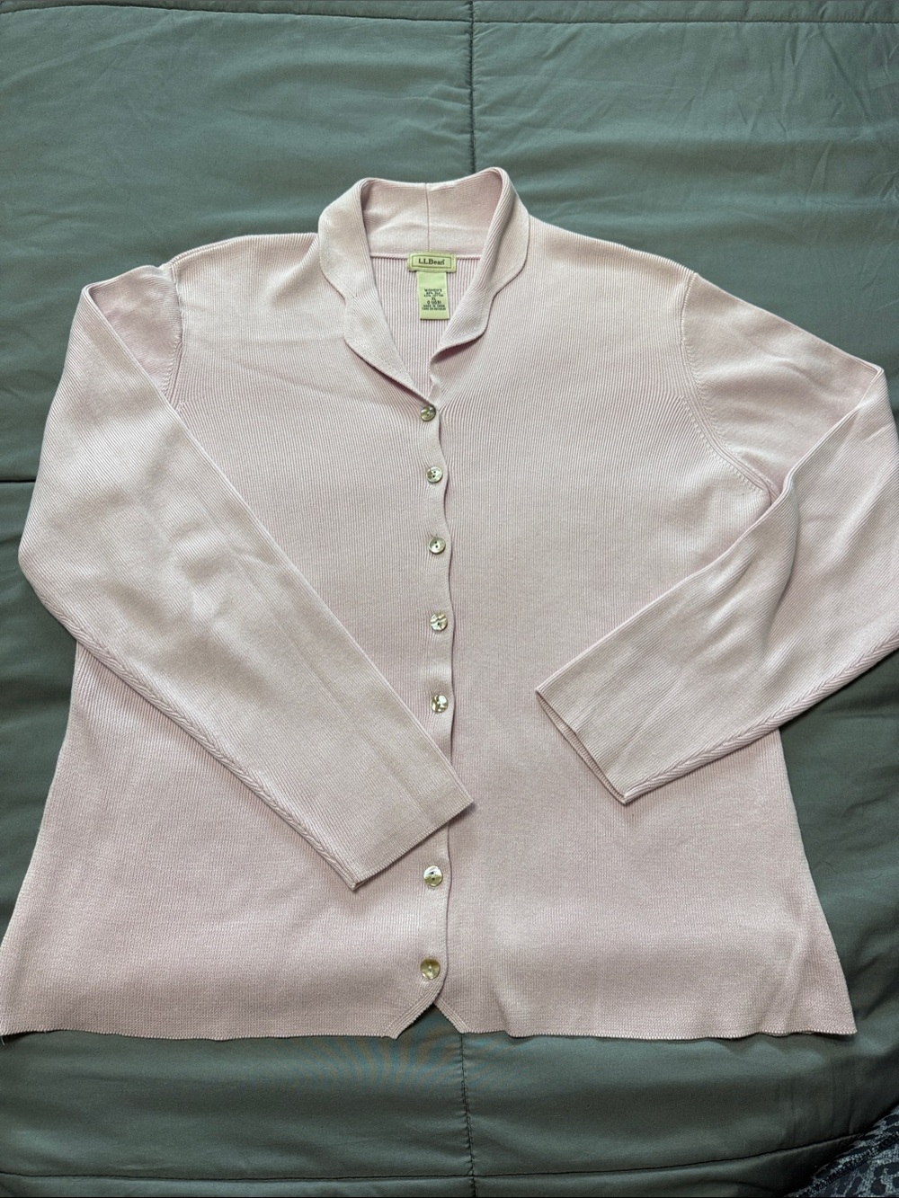L.L. Bean Women's Pale Pink Polo Collar Button Cardigan Silk/Cotton quiet luxury